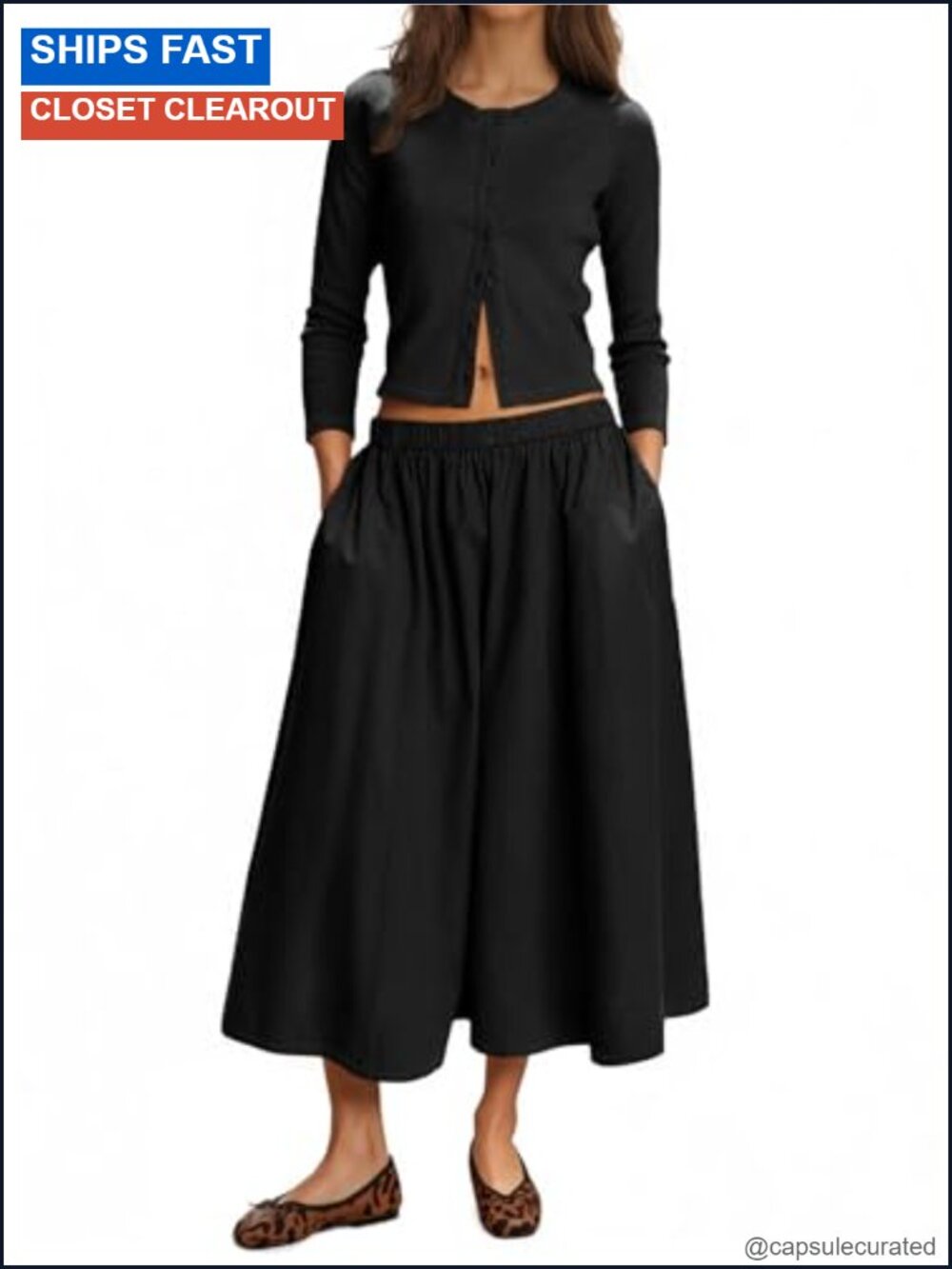 Women's 2 Piece Ribbed Knit Cardigan & Midi Skirt Set 3/4 Sleeve